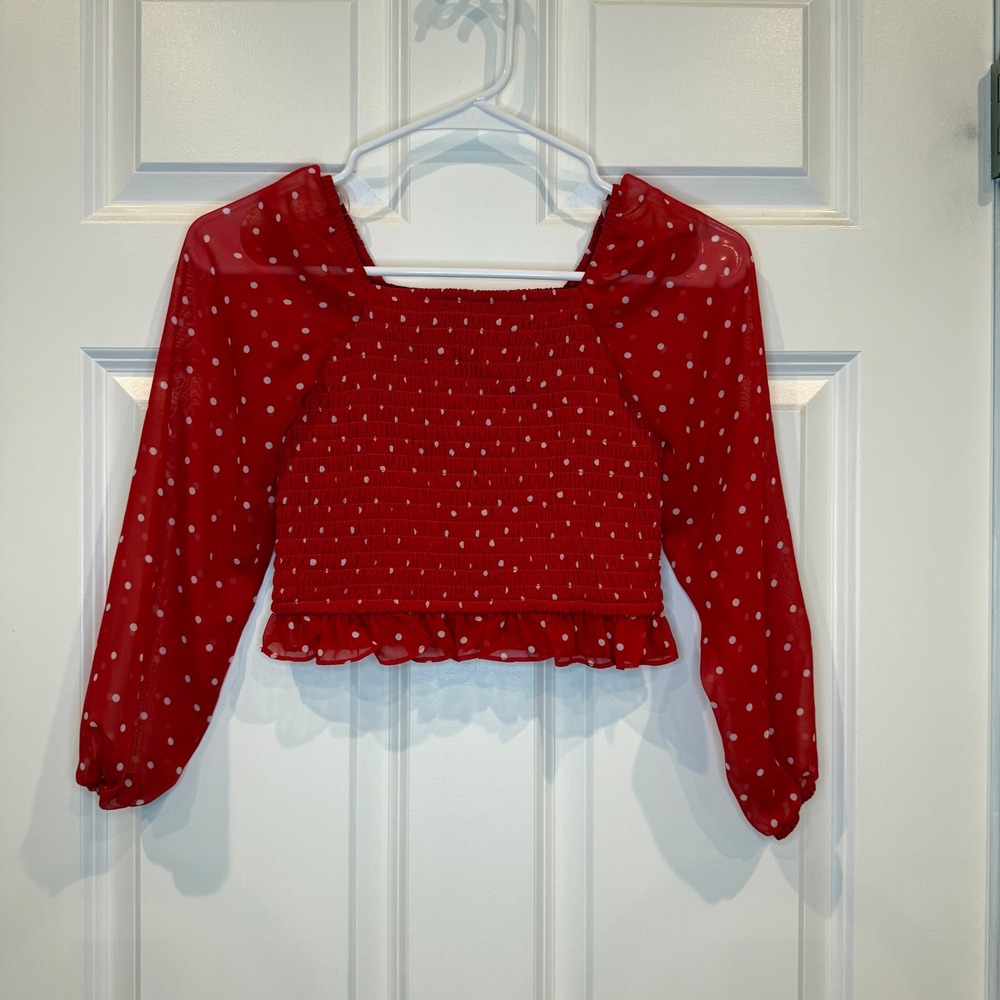 Kids Red White Polka Dot Smocked Square Neck Crop Top Long Sleeve Sheer‎ Size 8
